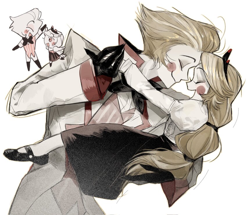 1boy 1girl blonde_hair blush_stickers charlie_morningstar demon_boy demon_girl father_and_daughter formal_clothes hair_slicked_back hat hazbin_hotel highres long_hair lucifer_morningstar_(hazbin_hotel) pale_skin red_eyes suit tppiiiiqqt
