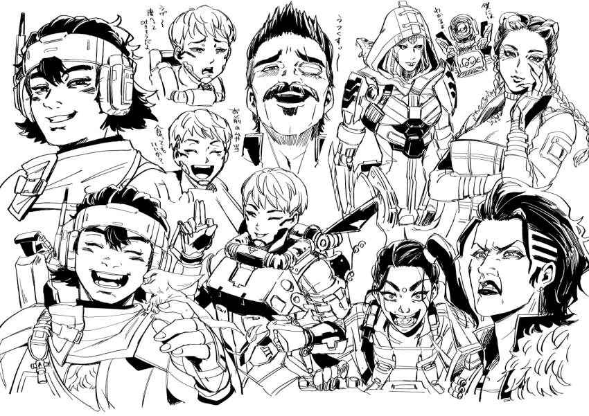2boys 6+girls ^_^ animal animal_on_shoulder animification annoyed apex_legends ash&#039;s_rat_(apex_legends) ash_(titanfall_2) bat_(animal) bodysuit breasts choker cleavage clenched_teeth closed_eyes collarbone earrings echo_(apex_legends) eyepatch facial_hair fingerless_gloves frown gloves greyscale hand_on_own_cheek hand_on_own_face heart hooded_leotard humanoid_robot itsuko_(2jdayo) jacket jetpack jewelry loba_(apex_legends) long_hair mad_maggie_(apex_legends) medium_breasts mole mole_above_mouth monochrome mouse_(animal) multiple_boys multiple_girls mustache one_eye_covered open_mouth pathfinder_(apex_legends) rampart_(apex_legends) robot side_ponytail simulacrum_(titanfall) smile soul_patch teeth translation_request v-shaped_eyebrows valkyrie_(apex_legends) vantage_(apex_legends) white_background