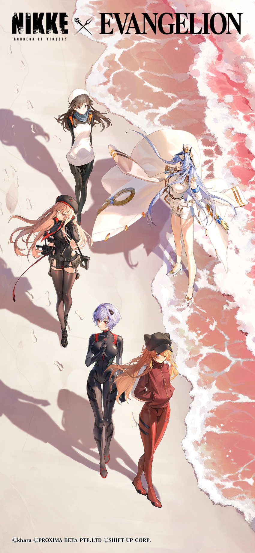5girls absurdres animal_hat assault_rifle ayanami_rei beach beret bird black_bodysuit black_hat black_shirt black_skirt black_thighhighs blue_eyes blue_hair blue_scarf bodysuit bodysuit_under_clothes breasts brown_hair cabbie_hat cat_hat closed_mouth coat commentary crossover english_commentary evangelion:_3.0_you_can_(not)_redo eyepatch goddess_of_victory:_nikke gun hand_in_own_hair hands_in_pockets hat helm_(nikke) helmet high_heels highres interface_headset_(evangelion) jacket large_breasts long_hair long_sleeves looking_at_another looking_at_viewer mecha_pilot_suit medium_breasts moon multiple_girls neon_genesis_evangelion ocean orange_hair panties pleated_skirt plugsuit_(evangelion) rapi_(nikke) rebuild_of_evangelion red_bodysuit red_eyes red_jacket rifle sand scarf shirt short_hair skirt smile souryuu_asuka_langley standing suzuhara_sakura thighhighs underwear walking weapon white_coat white_high_heels