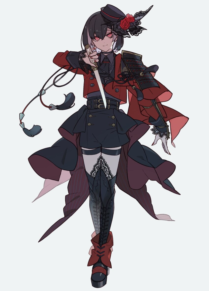 1boy androgynous armor belt black_boots black_hair black_shorts boots commentary cyp1a2 full_body hair_between_eyes hat highres holding holding_sword holding_weapon jacket japanese_armor kyogoku_masamune long_sleeves looking_at_viewer male_focus mini_hat multiple_belts red_jacket red_nails short_hair shorts shoulder_armor sode sword symbol-only_commentary thigh_strap touken_ranbu weapon