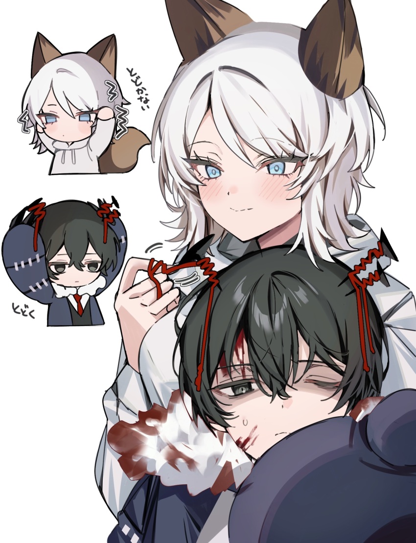 1boy 1girl animal_ears black_eyes black_hair blood blood_on_face blue_eyes blush chibi chibi_inset cosplay costume_switch e.g.o_(project_moon) faust_(project_moon) fox_ears fox_girl fox_tail frown fur_trim hair_between_eyes hex_nail_(e.g.o) highres limbus_company medium_hair mu46016419 nail_(hardware) one_eye_closed project_moon short_hair simple_background smile sunshower_(e.g.o) sweatdrop tail white_background white_hair yi_sang_(project_moon)