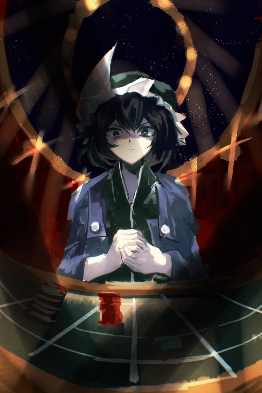 1other absurdres androgynous black_eyes black_hair black_hat black_shirt blackjack_table blue_pupils buttons chair chinese_commentary closed_mouth collared_shirt commentary detached_hood determined elbows_on_table english_commentary frilled_headwear frown hair_between_eyes hat high_collar highres holding hood hood_down hooded_jacket indoors jacket len&#039;en long_sleeves looking_at_viewer mixed-language_commentary mob_cap night on_chair open_clothes open_jacket other_focus own_hands_together poker_chip purple_jacket shadow shirt shitodo_kuroji short_hair sitting sky solo star_(sky) starry_sky straight-on table triangular_headpiece upper_body v-shaped_eyebrows yancao_(pixiv_103434280) zipper