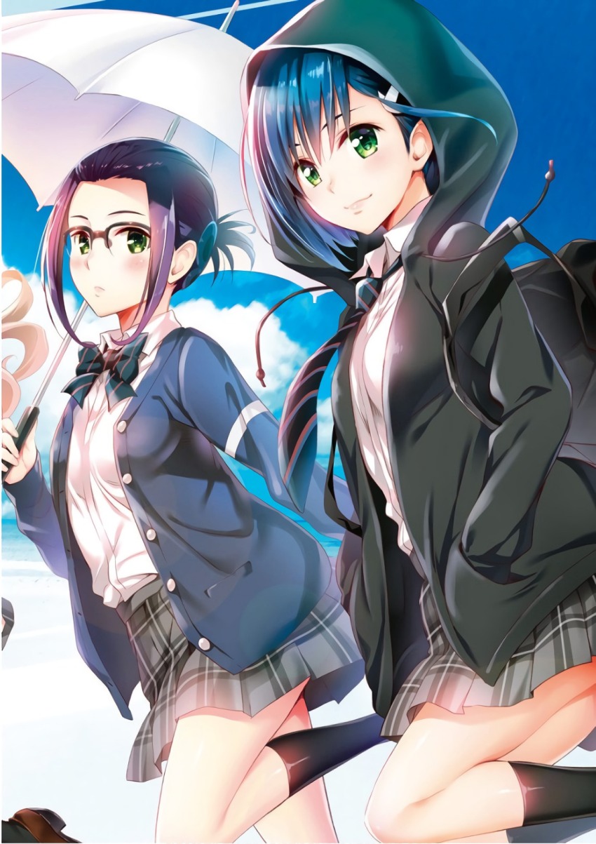 3girls blonde_hair blue_hair blue_sky bob_cut bow bowtie darling_in_the_franxx dress_shirt forehead glasses green_eyes hair_ornament hair_pulled_back hairclip hands_in_pockets highres holding holding_umbrella hood hood_up hoodie ichigo_(darling_in_the_franxx) ikuno_(darling_in_the_franxx) jacket kneehighs kokoro_(darling_in_the_franxx) leg_up long_sidelocks multiple_girls necktie official_art open_clothes open_jacket plaid_clothes plaid_skirt purple_hair running semi-rimless_eyewear shirt sidelocks skirt sky smile socks third-party_source umbrella yabuki_kentarou