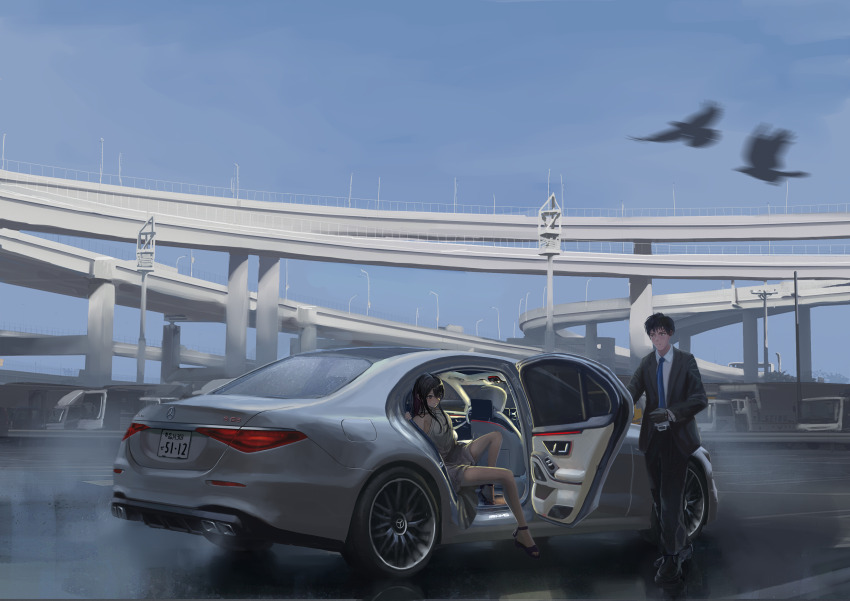 1boy 1girl absurdres bird black_jacket black_pants black_suit blue_necktie blue_sky box_truck car chauffeur cloud daikoku_parking_area day dress elevated_highway formal_clothes highres highway jacket license_plate mercedes-benz mercedes-benz_amg_gt motor_vehicle necktie open_clothes open_door open_jacket original overpass pants scenery shirt sky suit truck white_car white_dress white_shirt yukikaze_supersylph