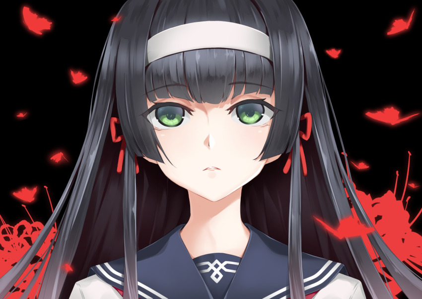 1girl bishoujo_mangekyou bishoujo_mangekyou:_kotowari_to_meikyuu_no_shoujo bishoujo_mangekyou_(series) bitterpain black_background black_hair blunt_bangs bug butterfly green_eyes hairband insect looking_at_viewer red_butterfly red_ribbon renge_(bishoujo_mangekyou) ribbon school_uniform shirt solo white_hairband