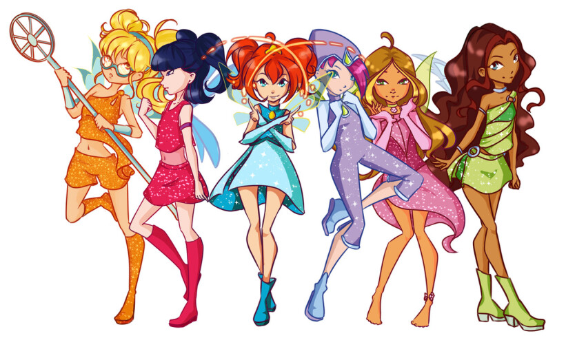 6+girls aged_down ahoge aisha_(winx_club) ankle_boots anklet aqua_eyes armband armlet asymmetrical_hair barefoot bespectacled blonde_hair blonde_streaks bloom_(winx_club) blue-framed_eyewear blue_boots blue_dress blue_eyes blue_hair blue_headband blunt_bangs boots bracelet brown_eyes brown_hair capri_pants child choker commentary dark-skinned_female dark_skin dress english_commentary fairy fairy_wings fire flora_(winx_club) formal_clothes from_side gem glasses glitter gold_tiara green_boots green_choker green_eyes green_gemstone green_shirt green_shorts green_skirt hair_between_eyes headband helmet high_heel_boots high_heels holding holding_staff jewelry knee_boots knees_together_feet_apart long_hair long_sleeves looking_at_viewer looking_to_the_side medium_hair midriff multicolored_hair multiple_girls musa_(winx_club) navel o-ring off-shoulder_dress off_shoulder orange_boots orange_shorts pants parted_bangs pink_dress pink_hair purple_armband purple_boots purple_helmet purple_suit red_boots red_hair red_shirt red_skirt red_streaks see-through_clothes see-through_midriff shirt short_hair short_twintails shorts silver_armlet silver_bracelet silver_choker simple_background single-shoulder_shirt skirt skort sleeves_past_wrists sparkling_clothes sparks staff standing standing_on_one_leg stella_(winx_club) streaked_hair suit tecna_(winx_club) three_quarter_view tiara twintails two-tone_hair two_side_up white_background wings winx_club x_arms y2k_fashion yellow_gemstone yukoihime
