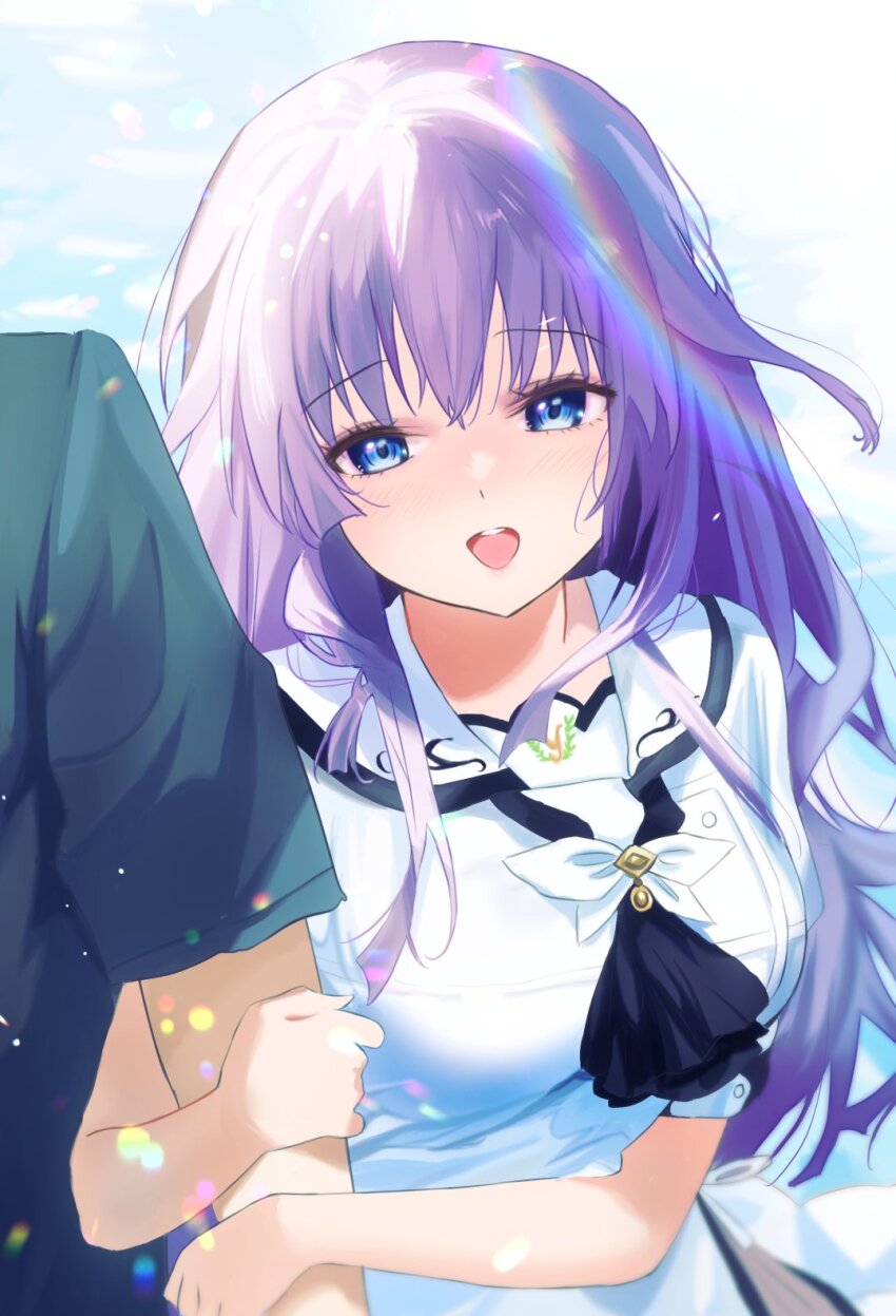1boy 1girl :d arm_hug ascot backlighting blue_ascot blue_eyes blunt_ends blush breasts commentary_request commission day eyelashes hair_between_eyes happy highres large_breasts lens_flare long_hair looking_at_viewer miiizuno_lbs open_mouth outdoors purple_hair sailor_collar school_uniform serafuku shirt short_sleeves sidelocks smile solo_focus sorakado_ai summer_pockets summer_pockets_school_uniform sunlight t-shirt teeth upper_body upper_teeth_only white_sailor_collar white_shirt