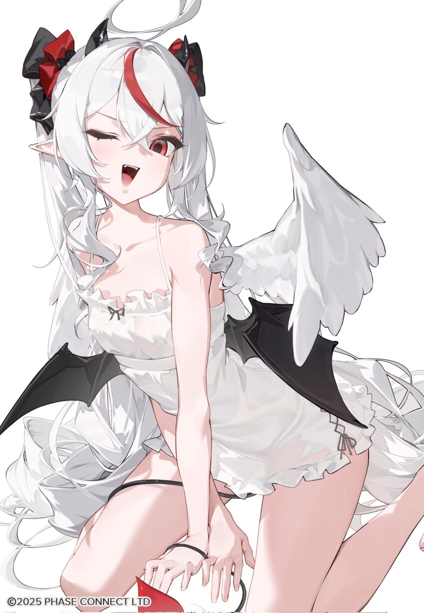1girl ;d absurdly_long_hair ahoge angel_wings bare_arms bare_legs bare_shoulders bat_wings between_legs black_bow black_tail bow chemise commentary copyright_name copyright_notice crossed_bangs demon_horns demon_tail demon_wings double-parted_bangs drill_hair drill_sidelocks english_commentary fangs feathered_wings flat_chest frilled_chemise frills hair_between_eyes hair_bow hand_between_legs highres horns leaning_forward long_hair looking_at_viewer monoco55 multicolored_hair multiple_wings official_art one_eye_closed open_mouth phase_connect pointy_ears red_bow red_eyes red_hair red_tail remilia_nephys sidelocks simple_background sitting smile solo spaghetti_strap streaked_hair tail tail_around_own_leg tail_between_legs teeth thighs twintails two-tone_hair upper_teeth_only v-shaped_eyebrows very_long_hair virtual_youtuber wariza watermark white_background white_chemise white_hair wings