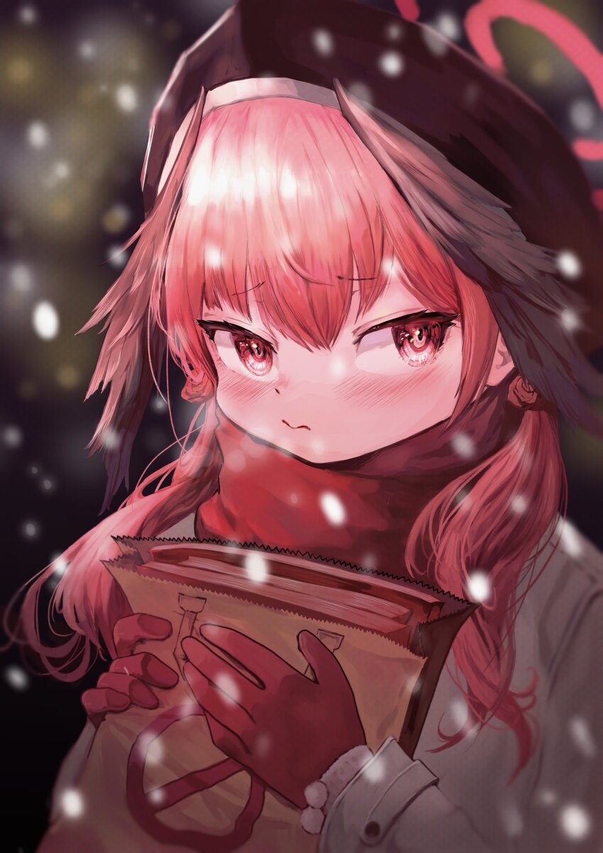 bag beret black_wings blue_archive blurry blurry_background book brown_bag coat feathered_wings fur_trim gloves halo hat head_wings highres holding holding_bag koharu_(blue_archive) kongaru_123 light_blush paper_bag pink_hair pink_halo puffy_cheeks raised_eyebrows red_eyes red_gloves red_scarf scarf snow snowing twintails white_coat winged_hat wings