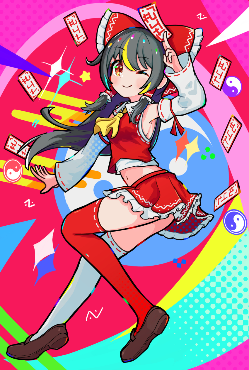1girl absurdres alternate_hair_color ascot asymmetrical_legwear between_fingers black_hair blonde_hair bow breasts brown_shoes closed_mouth commentary_request detached_sleeves frilled_bow frilled_hair_tubes frills hair_bow hair_tubes hakurei_reimu highres holding long_hair looking_at_viewer midriff mismatched_legwear multicolored_hair navel no_bra ofuda ofuda_between_fingers one_eye_closed red_bow red_eyes red_skirt red_thighhighs ribbon-trimmed_sleeves ribbon-trimmed_thighhighs ribbon_trim shoes sideboob skirt skirt_set smile solo streaked_hair thighhighs touhou two-tone_hair white_thighhighs yellow_ascot yin_yang youkibutsu