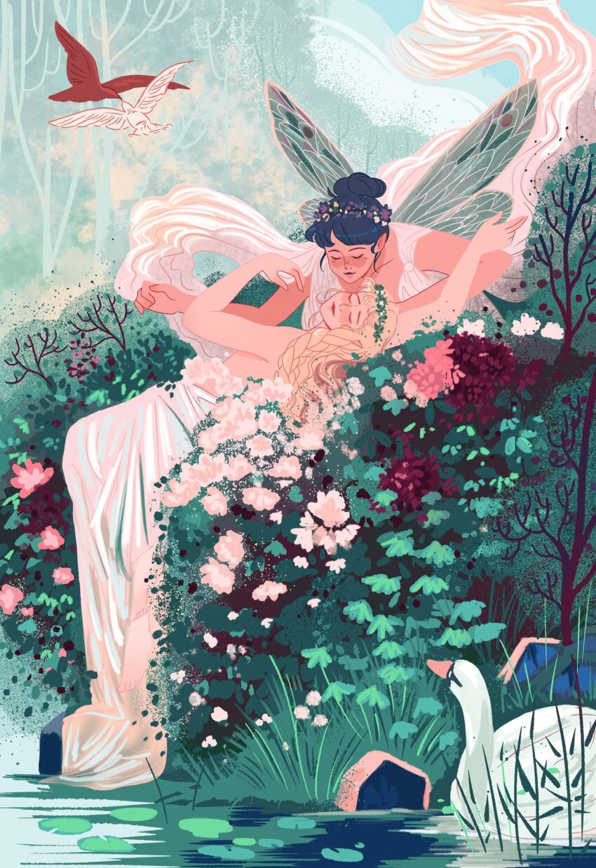 2girls ancient_greek_clothes barefoot bird black_hair blonde_hair blue_sky blush braid bush chiton closed_eyes closed_mouth collarbone commentary convenient_arm dress elf english_commentary fairy fairy_wings flower forest grass greco-roman_clothes hair_bun head_wreath highres imminent_kiss kneeling leaning_forward lily_pad lying medium_hair multiple_girls nature on_back original outdoors outstretched_arms partially_undressed pink_flower pointy_ears raylee red_flower reeds shore side_braid single_hair_bun sky swan topless_female tree water white_dress white_flower wings yuri
