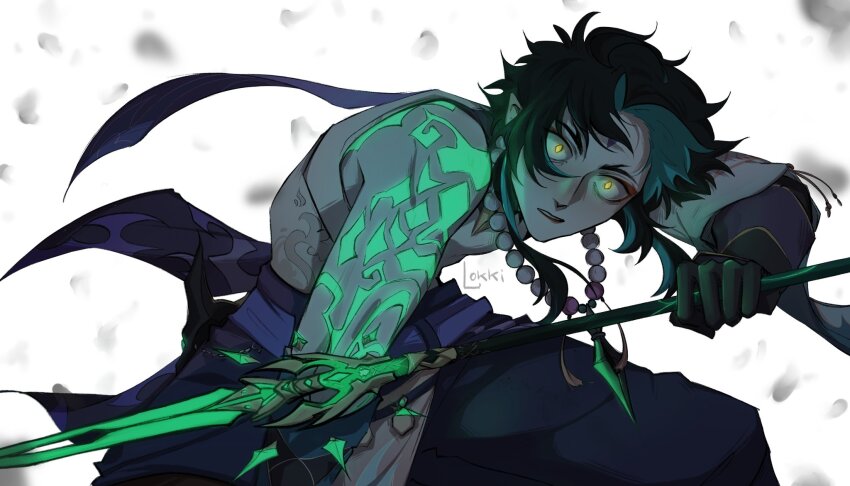 1boy alternate_hairstyle bead_necklace beads bent_back clenched_teeth commentary constricted_pupils cowboy_shot english_commentary genshin_impact glowing glowing_eyes glowing_tattoo head_tilt highres holding holding_weapon jewelry lokk1_png male_focus necklace no_pupils parted_lips pointy_ears primordial_jade_winged-spear_(genshin_impact) solo squatting teeth weapon wind xiao_(genshin_impact)
