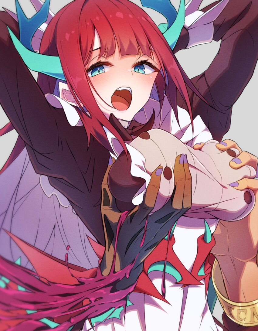 1girl 2others apron arms_behind_head blue_eyes breasts commentary cropped disembodied_hand dragon_girl dragon_horns dragon_tail dress duel_monster fiend&#039;s_hand_(yu-gi-oh!) groping highres horns kitchen_dragonmaid long_hair long_sleeves maid maid_apron mosui_(kori_can) multiple_others nail_polish open_mouth puffy_sleeves red_hair tail the_judgement_hand yu-gi-oh!
