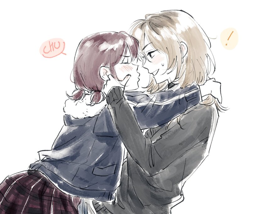 ! 2girls arms_around_neck black_sweater blue_jacket blush closed_eyes commentary_request from_side girls_band_cry grey_hair grin highres iseri_nina jacket kawaragi_momoka korean_commentary long_hair long_sleeves looking_at_another multiple_girls plaid_clothes plaid_skirt profile puckered_lips red_hair red_skirt rkh short_twintails simple_background skirt smile sweatdrop sweater twintails white_background yuri