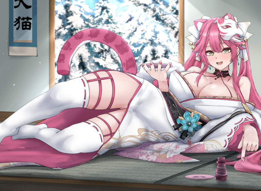 1girl aidoruhakase animal_ears bare_shoulders bell black_choker black_sash blush bottle breasts cat_mask choker choko_(cup) cleavage commentary cup earrings english_commentary extra_ears eyeshadow fangs fingernails gluteal_fold hair_bell hair_intakes hair_ornament hair_ribbon hair_stick heart_collar highres holding holding_cup hololive hololive_english huge_breasts indoors japanese_clothes jewelry jingle_bell kimono long_hair long_sleeves looking_at_viewer lying makeup mask mask_on_head multicolored_hair nail_polish no_shoes on_side open_mouth panther_ears panther_girl panther_tail pink_eyeshadow pink_hair pink_nails raora_panthera raora_panthera_(new_year) ribbon sake_bottle sash smile snow_on_tree solo streaked_hair tail tatami thighhighs thighs two-tone_hair virtual_youtuber white_fur white_hair white_kimono white_ribbon white_thighhighs yellow_eyes