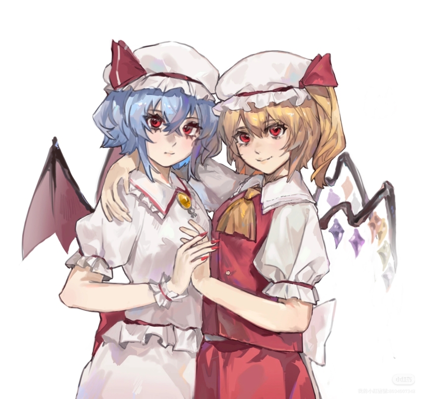 2girls absurdres ascot bat_wings blonde_hair blue_hair brooch chinese_commentary closed_mouth collared_shirt colored_eyelashes commentary crossed_bangs diyuhuoshanzhangyu flandre_scarlet frilled_shirt frilled_shirt_collar frilled_sleeves frills hair_between_eyes hat hat_ribbon highres jewelry mob_cap multiple_girls puffy_short_sleeves puffy_sleeves red_eyes red_ribbon red_skirt red_vest remilia_scarlet ribbon shirt short_hair short_sleeves siblings simple_background sisters skirt skirt_set smile touhou vest white_background white_hat white_shirt white_skirt wings yellow_ascot