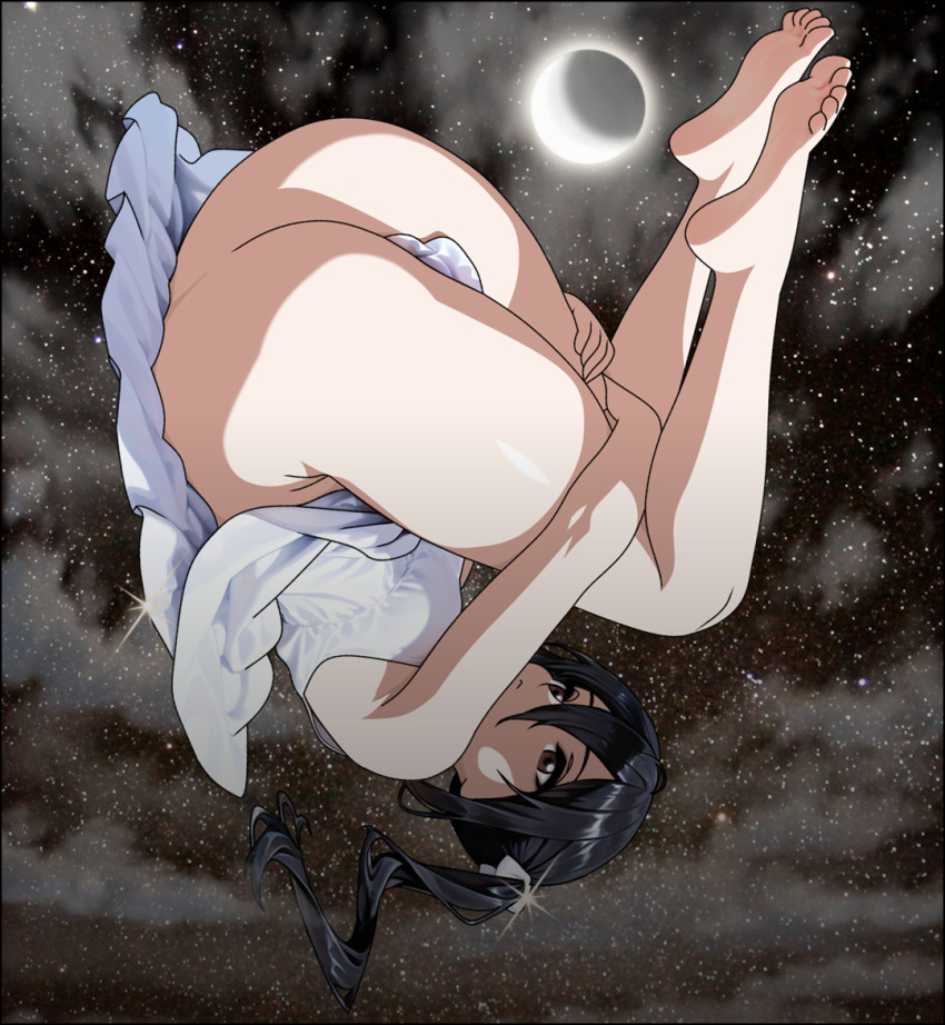 1girl ass black_hair breasts brown_eyes cloud cloudy_sky devil_jone_qrit dress k-on! long_hair moon nakano_azusa no_panties sky small_breasts solo star_(sky) starry_sky_background sundress twintails upside-down white_dress