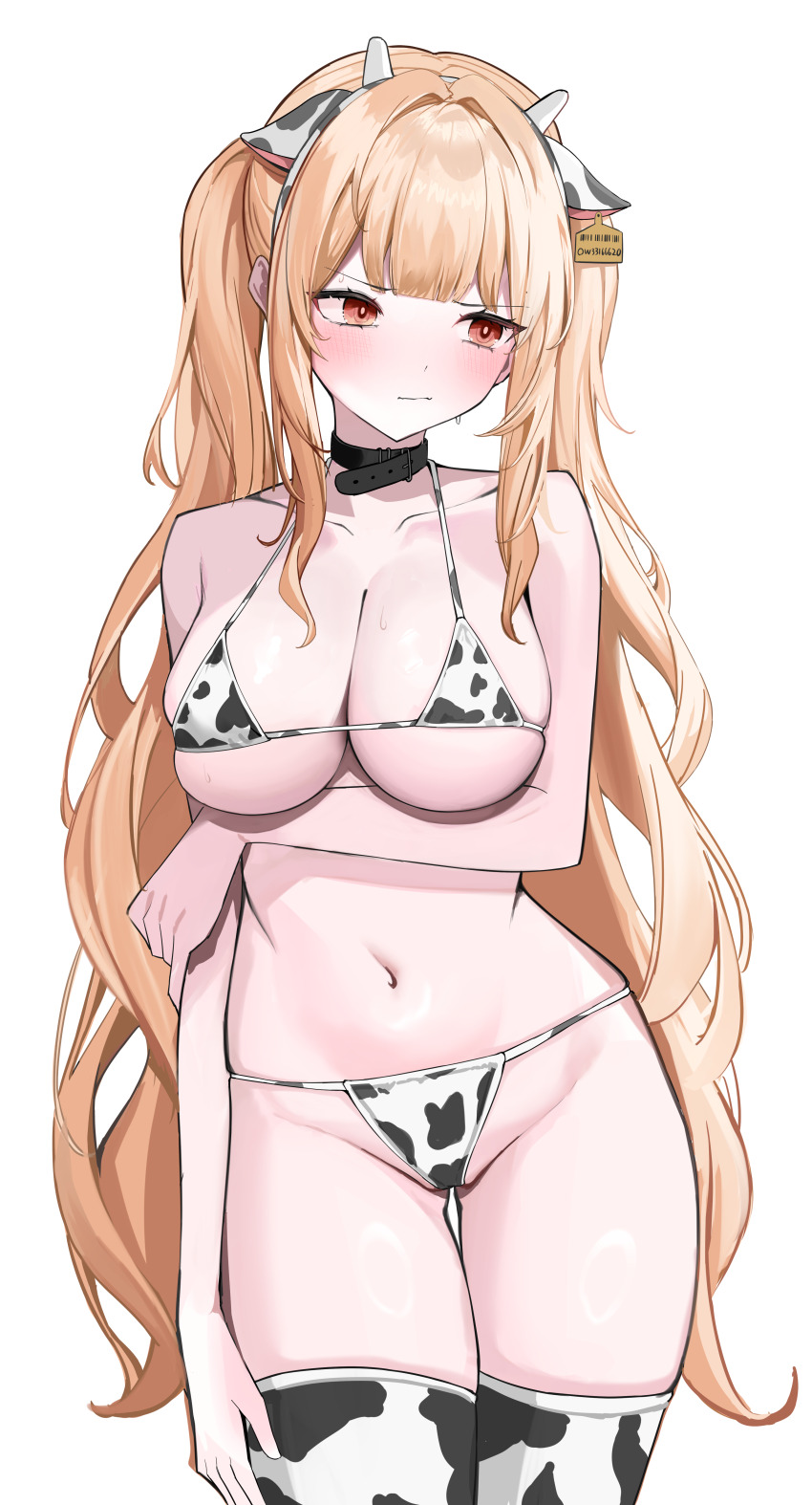 1girl absurdres animal_collar animal_ears animal_print arm_at_side arm_under_breasts bikini blush breasts collar collarbone cow_ears cow_horns cow_print cow_print_bikini cow_print_thighhighs ear_tag groin halterneck highres horns large_breasts long_hair micro_bikini navel nephthys2356 original partially_visible_vulva print_bikini print_thighhighs simple_background solo stomach string_bikini swimsuit thigh_gap thighhighs thong_bikini twintails very_long_hair white_background
