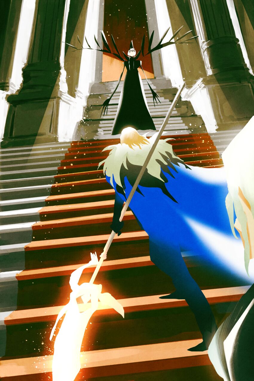 1boy 2girls absurdres blonde_hair blue_cape breasts cape commentary dimitri_alexandre_blaiddyd dimitri_alexandre_blaiddyd_(timeskip) edelgard_von_hresvelg edelgard_von_hresvelg_(hegemon_husk) edelgard_von_hresvelg_(timeskip) english_commentary female_byleth_(fire_emblem) fire_emblem fire_emblem:_three_houses floating from_behind fur-trimmed_cape fur_trim glowing glowing_weapon hair_up highres holding holding_polearm holding_weapon medium_breasts messy_hair multiple_girls nintendo polearm stairs standing taxkha weapon wings