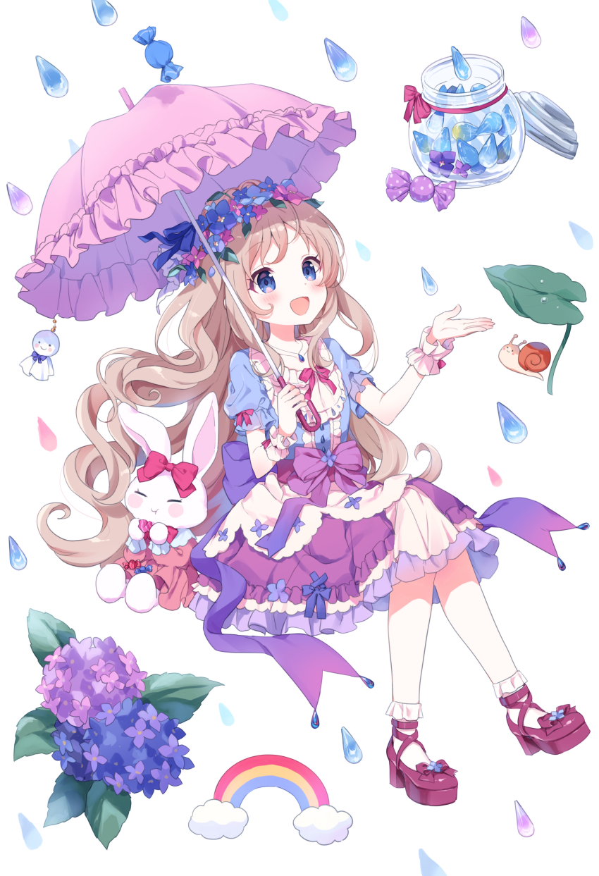 1girl :d absurdres ankle_socks ankle_strap back_bow blue_eyes blue_shirt blush bobby_socks bow buchi_(y0u0ri_) candy curly_hair flower flower_hairband food frilled_skirt frills full_body hands_up happy highres holding holding_umbrella hydrangea layered_skirt light_brown_hair long_hair looking_ahead lotus_leaf mary_janes medium_skirt neck_ribbon open_mouth original parasol pink_ribbon pink_umbrella purple_bow purple_skirt rain red_shoes ribbon scrunchie shirt shoes short_sleeves simple_background sitting skirt smile snail socks solo stuffed_animal stuffed_rabbit stuffed_toy three_quarter_view umbrella very_long_hair white_background white_scrunchie white_socks wrist_scrunchie