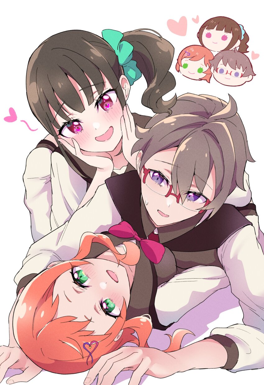 1boy 2girls absurdres bisexual_female blush brown_hair brown_sailor_collar glasses green_eyes hair_ornament hair_scrunchie hairclip heart heart-shaped_pupils heart_hair_ornament highres inukai_iroha long_hair long_sleeves mikorin multiple_girls nekoyashiki_mayu open_mouth orange_hair pink_eyes pinned precure red-framed_eyewear sailor_collar school_uniform scrunchie second_wangan_school_uniform side_ponytail simple_background symbol-shaped_pupils toyama_satoru white_background wonderful_precure!