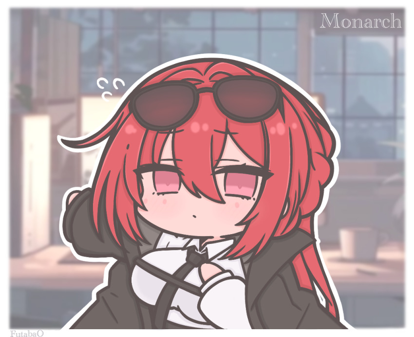 1girl ^^^ azur_lane black_coat black_necktie blurry blurry_background border braid character_name chibi chibi_only closed_mouth coat coat_on_shoulders collared_shirt commentary_request crown_braid cup eyewear_on_head futaba_(anti_clockwise) hair_between_eyes hair_bun long_hair monarch_(azur_lane) monarch_(detective_arriving_on_the_scene)_(azur_lane) mug necktie night night_sky official_alternate_costume pink_eyes red_hair shirt single_hair_bun sky solo table tree white_border white_shirt window
