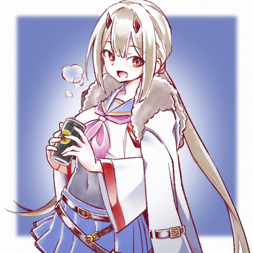 1girl :d assault_lily belt belt_buckle black_belt black_shirt blue_background blue_sailor_collar blue_skirt border breasts breath brown_eyes buckle can coat coat_on_shoulders commentary_request covered_navel cowboy_shot crop_top digamma drink_can fang fujita_asagao fur-trimmed_coat fur_trim grey_hair hands_up highres holding holding_can horns long_hair long_sleeves looking_at_viewer low_twintails mechanical_horns medium_breasts miniskirt neckerchief odaiba_girls_high_school_uniform open_mouth outside_border pleated_skirt purple_neckerchief red_horns sailor_collar school_uniform serafuku shirt skirt smile solo standing twintails undershirt very_long_hair white_border wide_sleeves