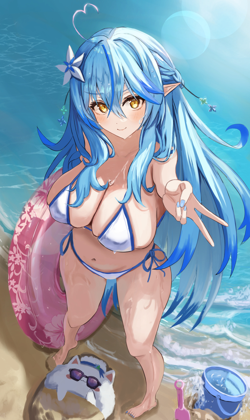 1girl absurdres ahoge barefoot beach bikini blue_hair breasts elf full_body gyaru_v heart heart_ahoge highres holding holding_swim_ring hololive innertube large_breasts monochrome ocean pointy_ears raised_eyebrows side-tie_bikini_bottom solo_focus standing sun_glare swim_ring swimsuit v virtual_youtuber wet white_bikini winvita yellow_eyes yukihana_lamy yukimin_(yukihana_lamy)