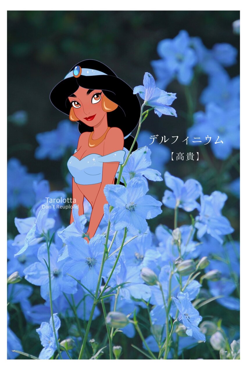 1girl aladdin_(movie) artist_name bare_shoulders black_hair blue_hairband breasts brown_eyes cleavage commentary_request dark-skinned_female dark_skin earrings flower hairband highres jasmine_(disney) jewelry long_hair low-tied_long_hair medium_breasts midriff necklace off-shoulder_shirt off_shoulder photo_background red_lips shirt smile solo tarolotta translation_request upper_body watermark