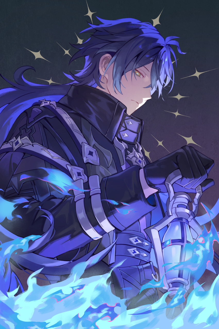 1boy absurdres antenna_hair bags_under_eyes black_coat black_gloves blue_fire blue_hair blue_pupils closed_mouth coat collared_coat commentary_request duplicate empty_eyes fire flins_(genshin_impact) from_side genshin_impact gloves gradient_hair hair_behind_ear hair_between_eyes highres holding holding_lantern kanangnsn lantern long_hair long_sleeves male_focus multicolored_eyes multicolored_hair profile shade sleeve_cuffs solo upper_body wing_collar yellow_eyes