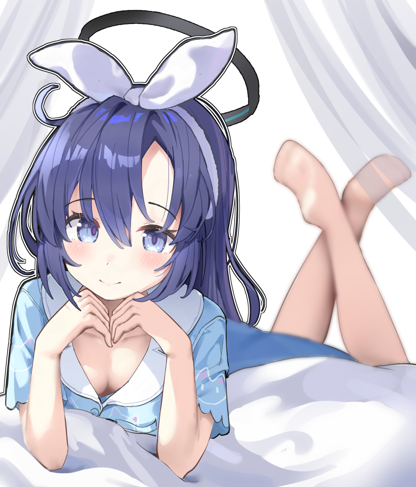 1girl absurdres blue_archive blue_eyes blue_pajamas blush breasts collarbone crossed_ankles curtains feet_up hairband halo highres long_hair looking_at_viewer lying mltsora official_alternate_costume on_stomach outline pajamas purple_eyes solo the_pose white_hairband white_outline yuuka_(blue_archive) yuuka_(pajamas)_(blue_archive)