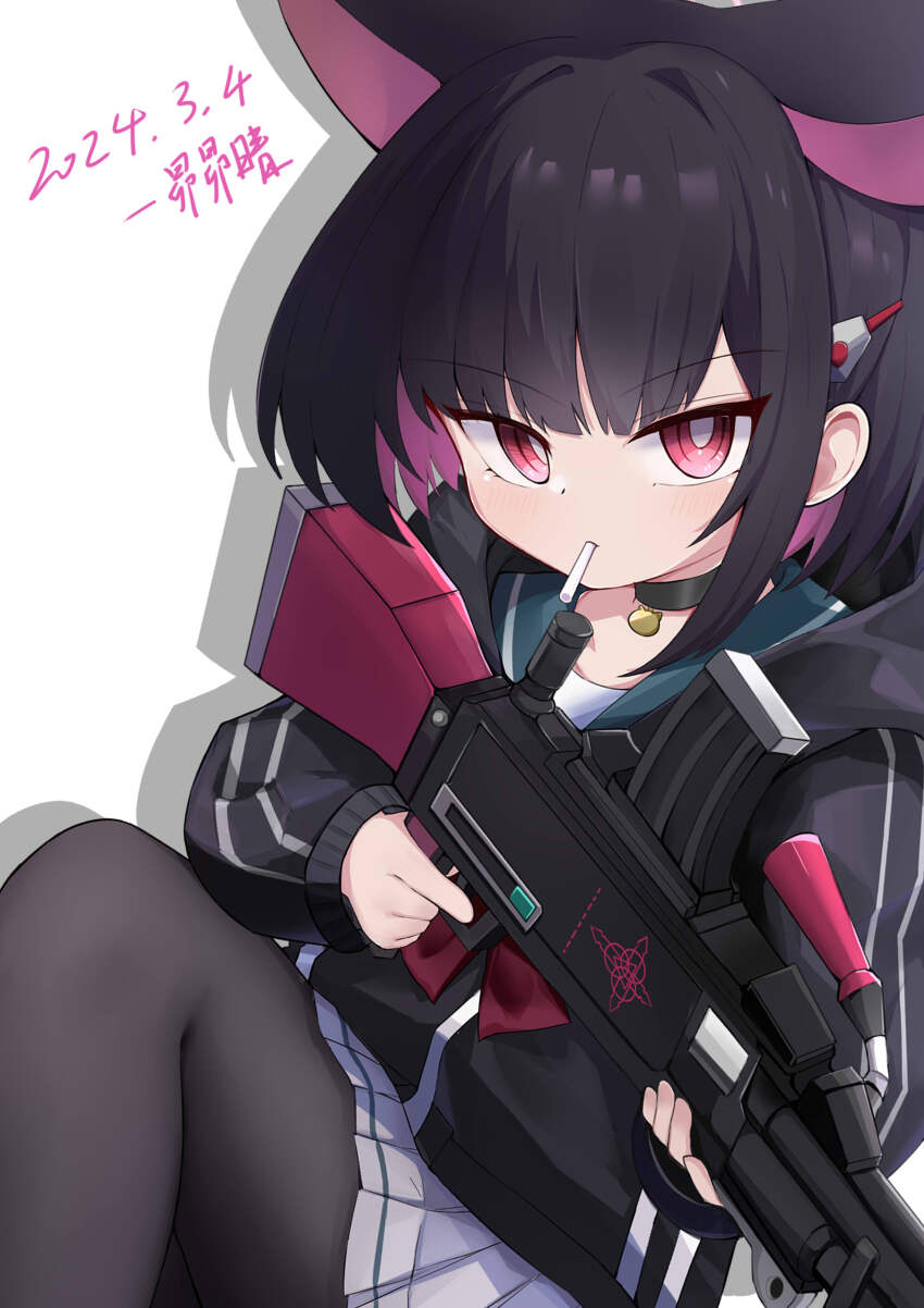 1girl absurdres animal_ears bell black_choker black_hair black_jacket black_pantyhose blue_archive blunt_bangs bob_cut bren_lmg candy cat_ears cat_girl choker chupa_chups collarbone colored_inner_hair commentary_request dated extra_ears food gun hair_ornament hairclip halo highres holding holding_gun holding_weapon hood hooded_jacket jacket kazusa_(blue_archive) light_machine_gun lollipop long_sleeves looking_at_viewer machine_gun maomaoquing mouth_hold multicolored_hair neck_bell pantyhose pleated_skirt red_eyes school_uniform serafuku short_hair sidelocks signature sitting skirt solo trigger_discipline two-tone_hair v-shaped_eyebrows weapon white_background white_skirt