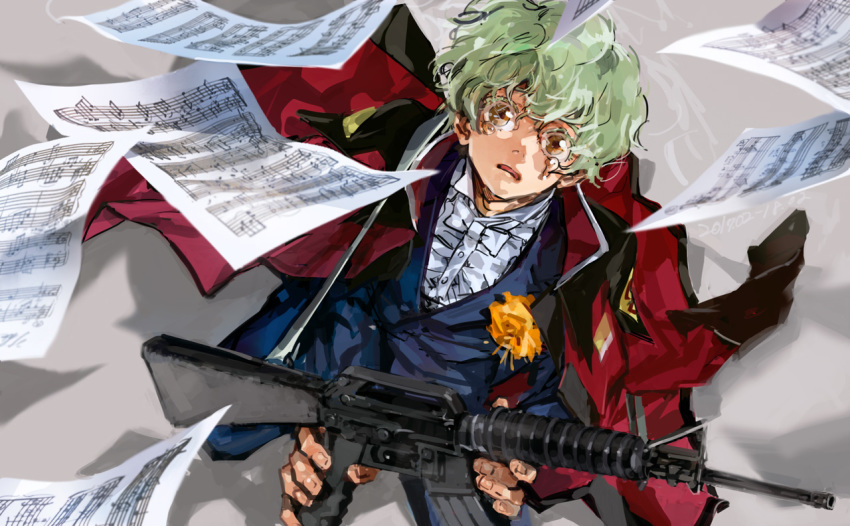 1boy assault_rifle bow bowtie brown_eyes gun gundam gundam_seed holding holding_gun holding_weapon jtr m16 male_focus nicol_amafli open_mouth rifle sheet_music short_hair solo tears weapon