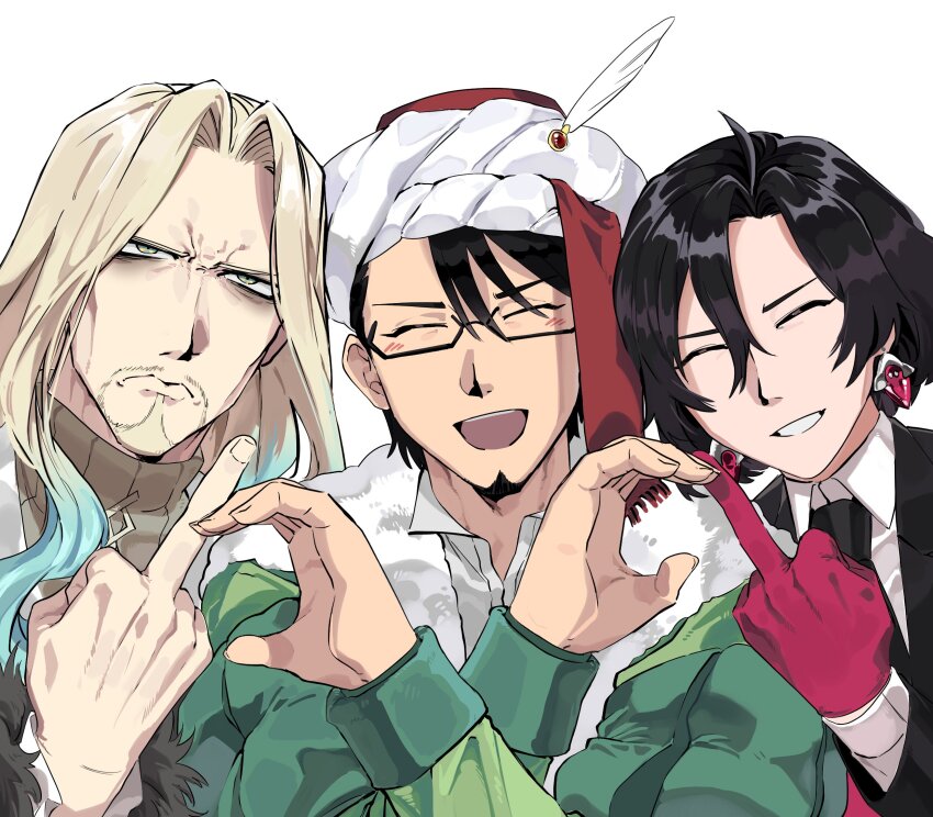 3boys :d ^_^ aqua_eyes bags_under_eyes beard black_hair black_jacket black_necktie blonde_hair blue_hair brown_sweater closed_eyes closed_mouth collared_shirt constantine_xi_(fate) curtained_hair earrings facial_hair facing_viewer false_smile fate/grand_order fate_(series) fur-trimmed_jacket fur_trim glasses gloves goatee gradient_hair green_jacket grin hair_between_eyes hat_feather heart_hands_failure highres hunyangzi jacket jewelry light_blush long_hair looking_at_viewer male_focus mature_male mehmed_ii_(fate) middle_finger multicolored_hair multiple_boys mustache necktie open_mouth parted_bangs red_gloves sanpaku shirt short_hair simple_background smile sweater swept_bangs turban turtleneck turtleneck_sweater unamused upper_body vlad_iii_(fate/apocrypha) white_background white_shirt
