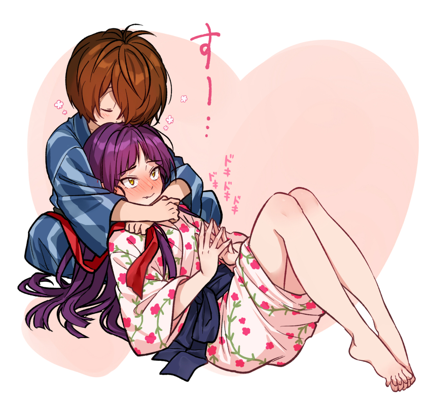 1boy 1girl alternate_costume alternate_hairstyle blush brown_hair closed_eyes couple gegege_no_kitarou hair_down hair_over_one_eye hetero highres indian_style japanese_clothes kimono kitarou long_hair lying_on_lap nekomusume nekomusume_(gegege_no_kitarou_6) own_fingers_together purple_hair short_hair silanduqiaocui sitting smelling smelling_hair yellow_eyes yukata