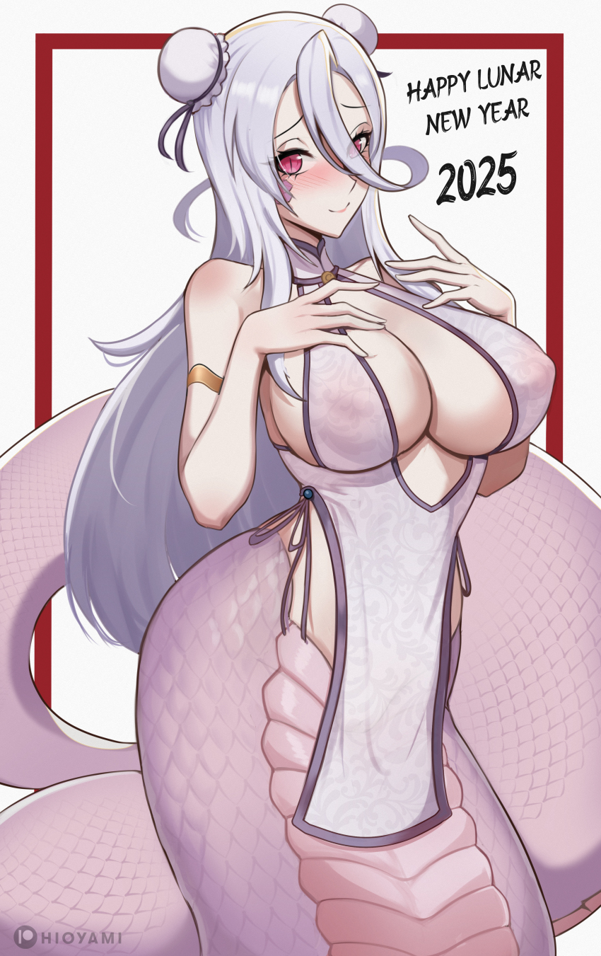 1girl 2025 absurdres armlet bare_shoulders blush breasts bun_cover chinese_new_year cleavage double_bun dress hair_bun highres hioyami jewelry lamia large_breasts long_hair looking_at_viewer monster_girl monster_musume_no_oisha-san pelvic_curtain red_eyes saphentite_neikes scales sidelocks slit_pupils smile snake_tail solo tail white_dress white_hair