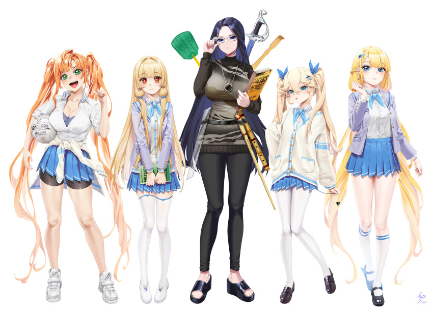 5girls :p absurdres ag-2c_sirene ball bike_shorts bike_shorts_under_skirt blazer blue_eyes blue_hair blue_skirt breasts cardigan dark_blue_hair english_text female_focus flyswatter full_body green_eyes hair_between_eyes hair_ornament hair_ribbon hairclip highres invincible_dragon_(last_origin) jacket kneehighs large_breasts last_origin loafers long_hair looking_at_viewer mary_janes multiple_girls nereid_(last_origin) orange_hair pantyhose pleated_skirt red_eyes ribbon school_uniform shoes simple_background sirene_(last_origin) skirt smile sneakers socks teddyellow thetis_(last_origin) thighhighs tomboy tongue tongue_out twintails undine_(last_origin) very_long_hair volleyball_(object) white_background white_socks white_thighhighs