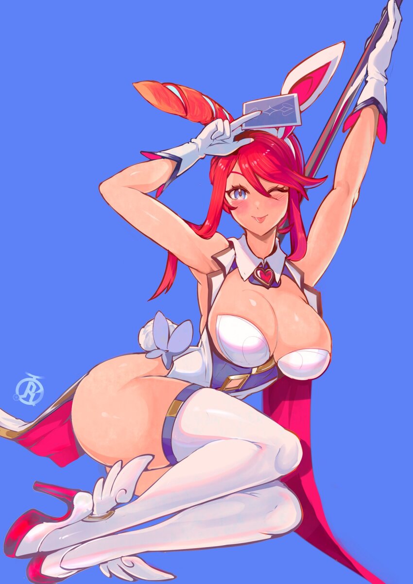 1girl animal_ears arms_up ass bare_shoulders blue_background blue_eyes blue_leotard blush breasts brooch card cleavage closed_mouth collar commentary dutch_angle english_commentary fake_animal_ears fake_tail full_body gloves hair_between_eyes heart heart_brooch high_heels highleg highleg_leotard highres holding holding_card huge_breasts jewelry large_breasts leotard looking_at_viewer multicolored_leotard nintendo nontraditional_playboy_bunny one_eye_closed playing_card pokemon pokemon_bw pole rabbit_ears rabbit_tail red_footwear red_hair revolverwing short_hair_with_long_locks signature simple_background skyla_(pokemon) solo stripper_pole tail thighhighs tongue two-tone_footwear two-tone_leotard white_collar white_footwear white_gloves white_leotard white_thighhighs