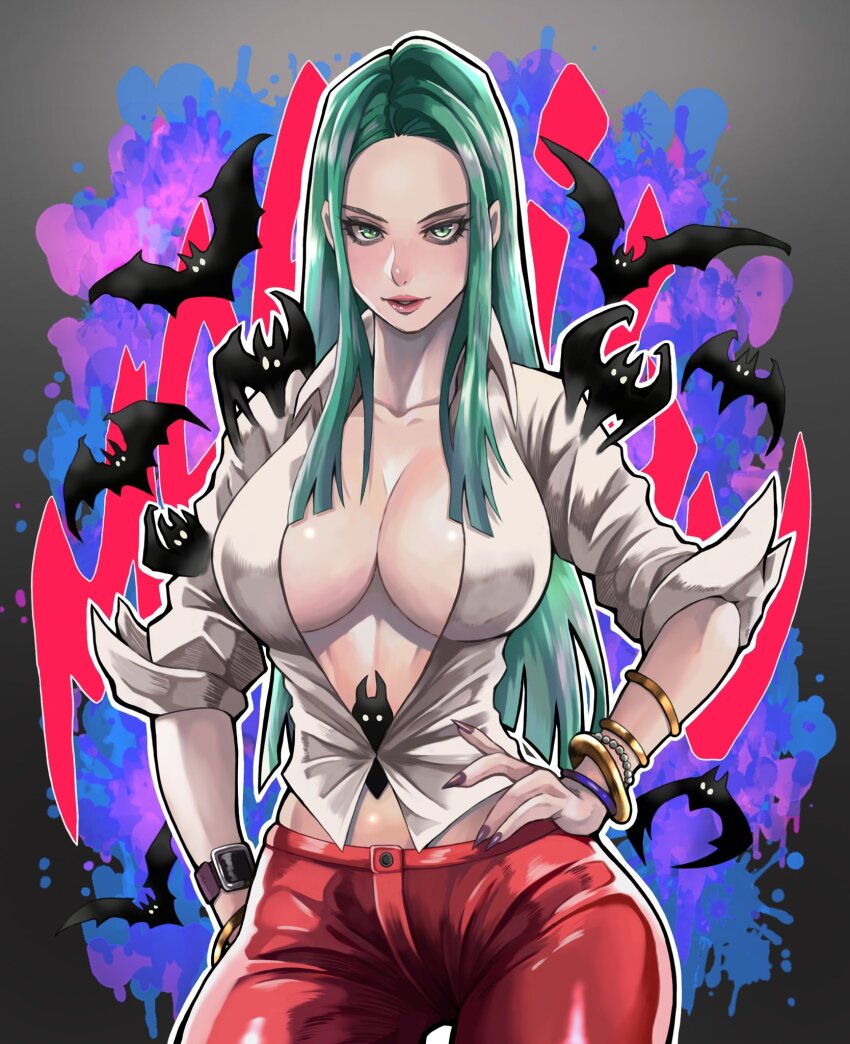 1girl bat_(animal) breasts character_name cleavage cowboy_shot darkstalkers green_eyes green_hair grey_background hand_on_own_hip highres large_breasts legs long_hair morrigan_aensland no_bra official_alternate_costume pants red_pants seductive_gaze seductive_smile shirt smile solo thighs to-ru white_shirt