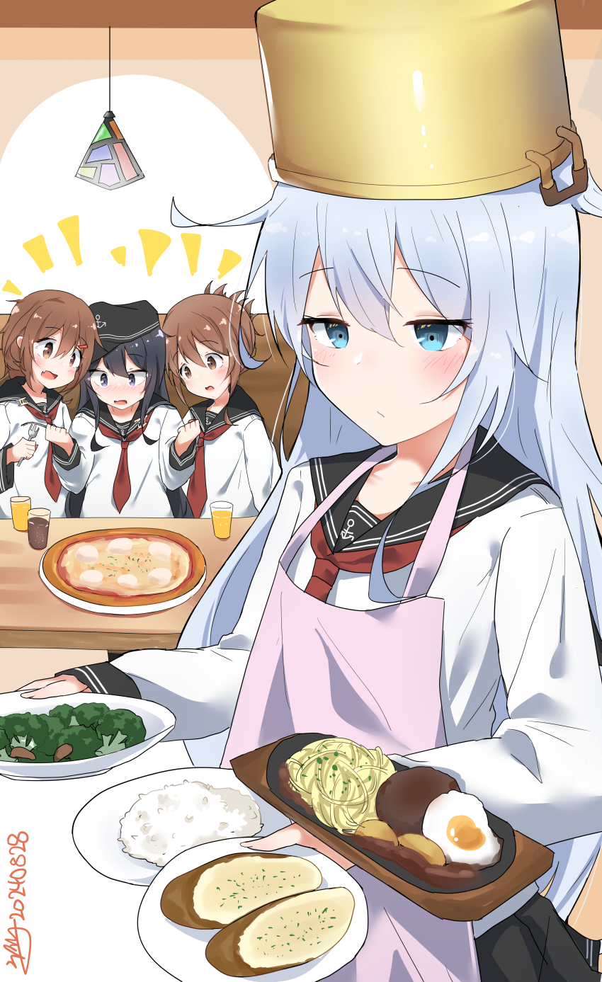 4girls absurdres akatsuki_(kancolle) anchor_symbol apron black_hair black_hat black_sailor_collar black_skirt blue_eyes blush broccoli brown_eyes brown_hair closed_mouth commentary_request cup dated dreamsun drinking_glass flat_cap folded_ponytail food food_request fork grey_hair hair_between_eyes hair_ornament hairclip hat hibiki_(kancolle) highres holding holding_fork holding_plate ikazuchi_(kancolle) inazuma_(kancolle) kantai_collection long_hair long_sleeves multiple_girls notice_lines open_mouth pink_apron pizza plate pleated_skirt pot_on_head purple_eyes sailor_collar saizeriya school_uniform serafuku shirt skirt very_long_hair white_shirt