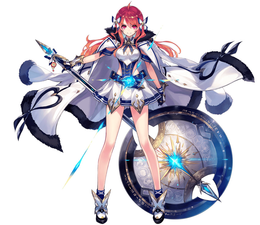 1girl ahoge arm_guards armored_shoes axe battle_axe bow breasts charm_(object) cleavage cleavage_cutout clothing_cutout cloud coat coat_on_shoulders collar detached_sleeves double-sided_axe floating_clothes full_body fur_trim gloves hair_between_eyes hair_bow heart hercule_(phantom_of_the_kill) highres holding holding_axe holding_weapon huge_weapon jacket jacket_on_shoulders lion long_legs looking_at_viewer medium_breasts miniskirt official_art phantom_of_the_kill red_eyes red_hair reverse_grip shibuhiko side_cutout simple_background skirt sky solo standing straight-on stuffed_toy tachi-e third-party_source transparent_background weapon weapon_charm white_coat