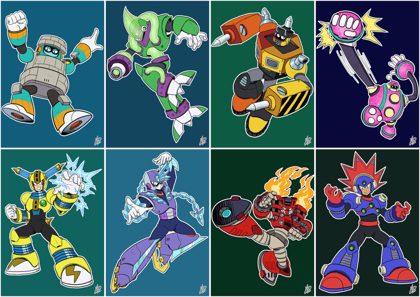 acid_man blast_man block_man bounce_man capcom electricity fire full_body fuse_man grin highres impact_man mega_man_(classic) mega_man_(series) mega_man_11 no_mouth robot robot_ears smile torch_man tundra_man