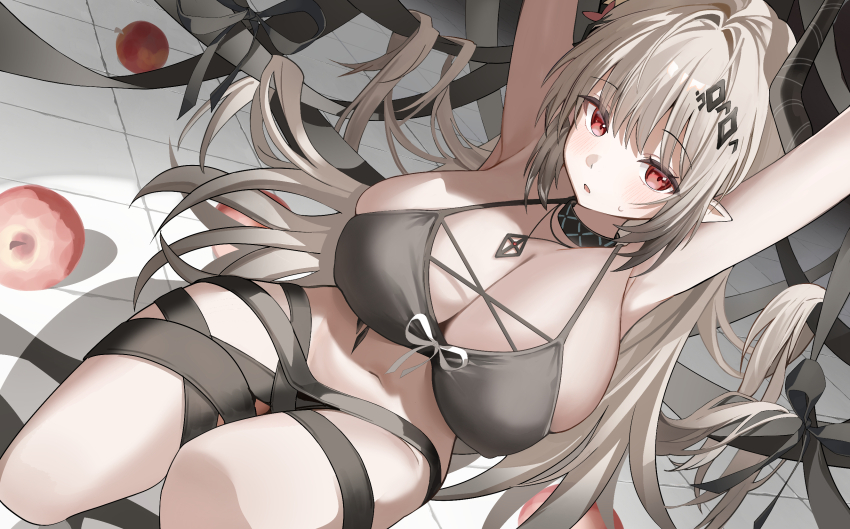 1girl apple arknights bikini black_bikini breasts cleavage commentary_request demon_girl demon_horns food fruit grey_hair highres horns infection_monitor_(arknights) jewelry large_breasts long_hair mudrock_(arknights) mudrock_(silent_night)_(arknights) navel necklace official_alternate_costume parted_lips pointy_ears red_eyes shan_(ti0n) solo stomach swimsuit tile_floor tiles very_long_hair