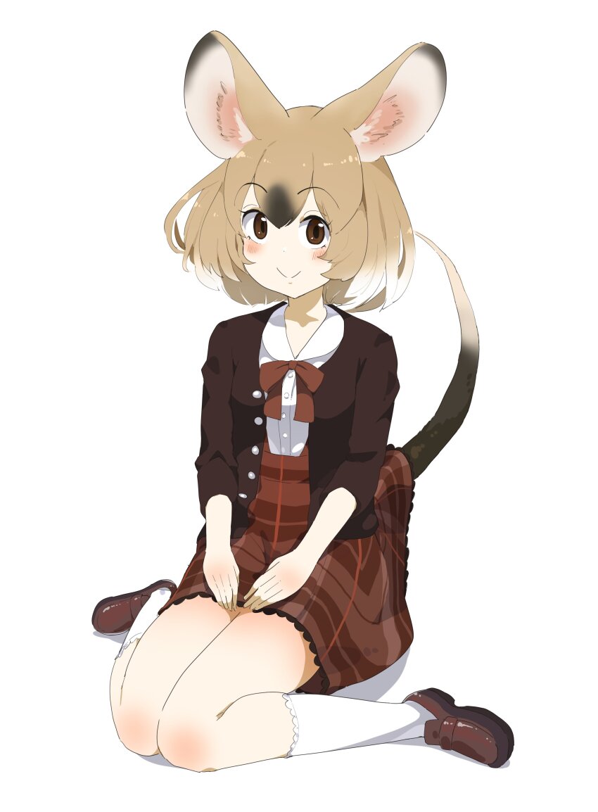 1girl absurdres animal_ears blush bow bowtie brown_eyes brown_hair brown_jacket brown_shoes casual collared_shirt frilled_socks frills gambian_rat_(kemono_friends) hair_between_eyes highres iwa_(iwafish) jacket kemono_friends kemono_friends_3 light_brown_hair loafers looking_at_viewer mouse_ears mouse_girl mouse_tail multicolored_hair official_alternate_costume open_clothes open_jacket plaid_clothes plaid_skirt red_bow red_bowtie red_skirt shirt shoes short_hair short_sleeves sidelocks sitting skirt smile socks solo tail wariza white_hair white_shirt white_socks