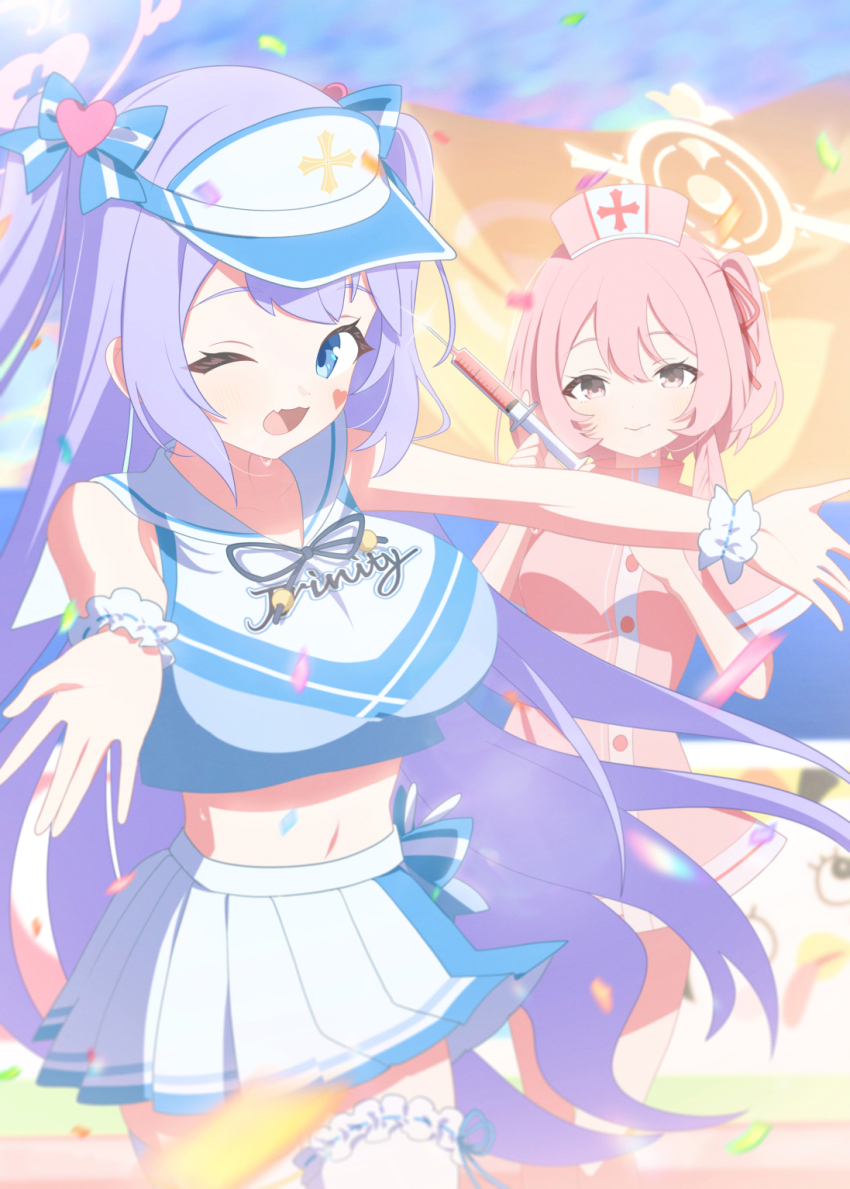 2girls blue_archive blue_eyes breasts cheering cheerleader dress fang hair_between_eyes halo hanae_(blue_archive) hanae_(cheer_squad)_(blue_archive) hat highres holding holding_syringe kaerunrun large_breasts long_hair looking_at_viewer medium_breasts medium_hair multiple_girls nurse_cap official_alternate_costume one_eye_closed open_mouth parted_lips pink_dress pink_eyes pink_hair pink_halo pink_hat pleated_skirt purple_hair revision sailor_collar serina_(blue_archive) serina_(nurse)_(blue_archive) short_sleeves skin_fang skirt smile syringe twintails white_sailor_collar white_skirt wrist_cuffs yellow_halo