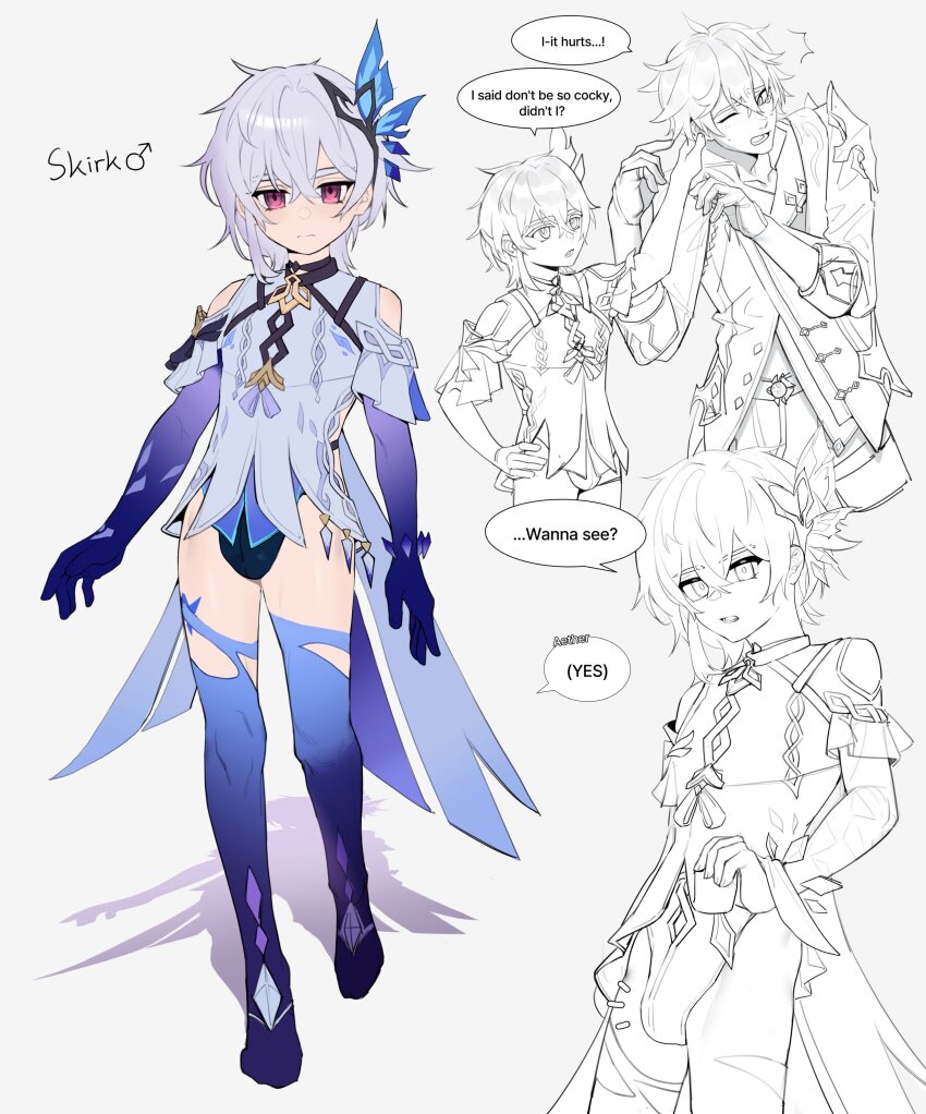 2boys absurdres bana_gameg black_leotard blue_gloves boots bulge butterfly_hair_ornament cape character_name clothing_cutout commentary crossdressing elbow_gloves english_commentary english_text full_body genderswap genderswap_(ftm) genshin_impact gloves grabbing_another&#039;s_ear grey_background hair_between_eyes hair_ornament hand_on_another&#039;s_ear hands_on_own_hips highres leotard looking_at_viewer mars_symbol multiple_boys multiple_views partially_colored red_eyes shoulder_cutout simple_background skirk_(genshin_impact) speech_bubble tartaglia_(genshin_impact) thigh_boots trap white_hair