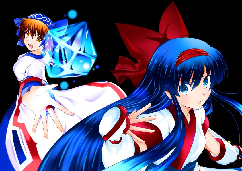2girls absurdres ainu_clothes blue_eyes blue_hair breasts brown_eyes brown_hair fingerless_gloves gloves hair_ribbon highres legs long_hair looking_at_viewer looking_back medium_breasts multiple_girls nakoruru outstretched_arm ribbon rimururu samurai_spirits serious short_hair siblings sisters small_breasts snk solo thighs very_long_hair weapon