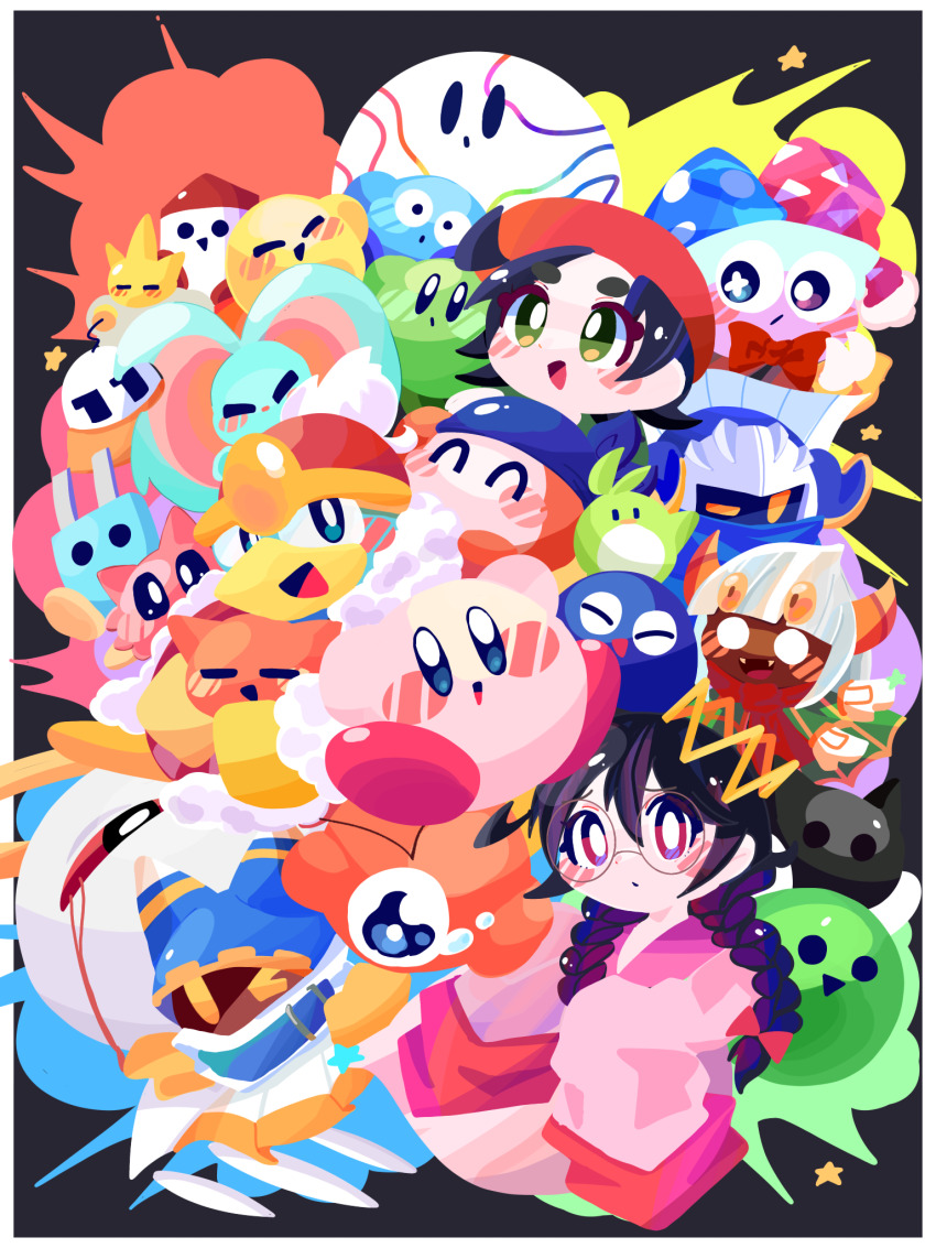 :d ^_^ adeleine armor bandana bandana_waddle_dee beret black_background black_hair blank_eyes blood bloody_tears blue_bandana blue_cape blue_eyes blue_headwear blunt_bangs blush blush_stickers border bow bowtie braid bright_pupils cape closed_eyes colored_sclera commentary_request crown crying elfilin explosion fur-trimmed_robe fur_trim glasses gooey_(kirby) green_eyes hair_between_eyes hair_bow halo hat hataraku_ufo highres horns jester_cap jobski king_dedede kirby kirby_(series) long_hair long_sleeves looking_at_viewer magolor marx_(kirby) mask meta_knight multicolored_headwear n-z nintendo omame_sakana one-eyed one_eye_closed open_mouth orange_horns parted_bangs pauldrons pitch_(kirby) plugg_(kirby) raised_eyebrows rayman_limbs red_bow red_bowtie red_eyes red_headwear red_scarf red_sclera ripple_star_queen robe rocket round_eyewear scarf scarfy short_hair shoulder_armor simple_background skud_(kirby) sleeves_past_wrists smile solid_circle_eyes star_(symbol) taranza tears triangle_mouth twin_braids ufo very_long_sleeves void_soul void_termina waddle_doo whiskers_(kirby) white_border white_hair white_pupils yellow_eyes zebon zero_two_(kirby) zoos_(kirby)