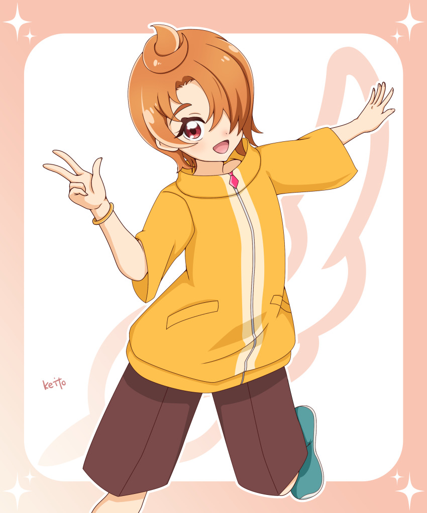 1boy :d absurdres artist_name border bracelet brown_shorts commentary cowboy_shot dot_nose four-pointed_star gradient_border green_shoes hair_over_one_eye hand_up high_collar highres hirogaru_sky!_precure jacket jewelry leg_up legs_apart light_blush looking_at_viewer male_focus open_mouth orange_border orange_hair orange_jacket orange_theme outside_border outstretched_arm precure red_eyes sakuragawa3710 shoes short-sleeved_jacket short_hair short_sleeves shorts single_bracelet smile solo standing standing_on_one_leg star_(symbol) star_border w white_background yuunagi_tsubasa zipper_pull_tab
