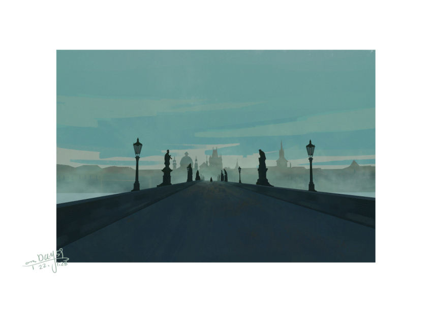 border bridge castle chinese_commentary cloud cloudy_sky commentary_request dated day fog lamppost no_humans no_lineart original outdoors river sanshui_guantang scenery signature sky village white_border